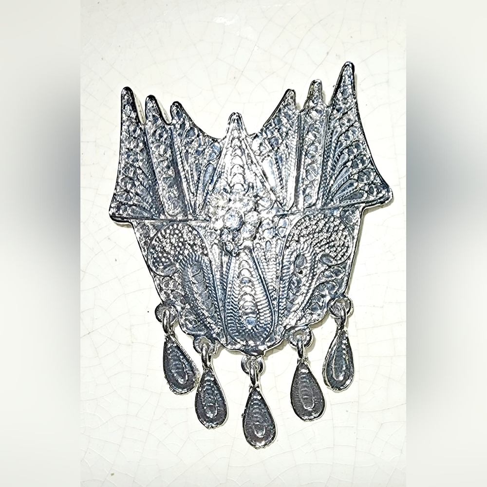 OOAK Large silver shield Deco motif ornate medallion charm brooch